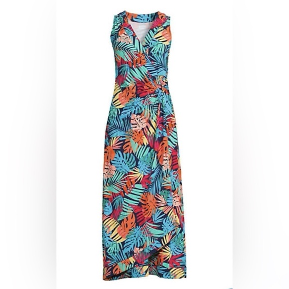 Lands' End Tropical Faux Wrap Maxi Dress Cap Sleeve Size Sm 2XL Like New Resort - Picture 1 of 13
